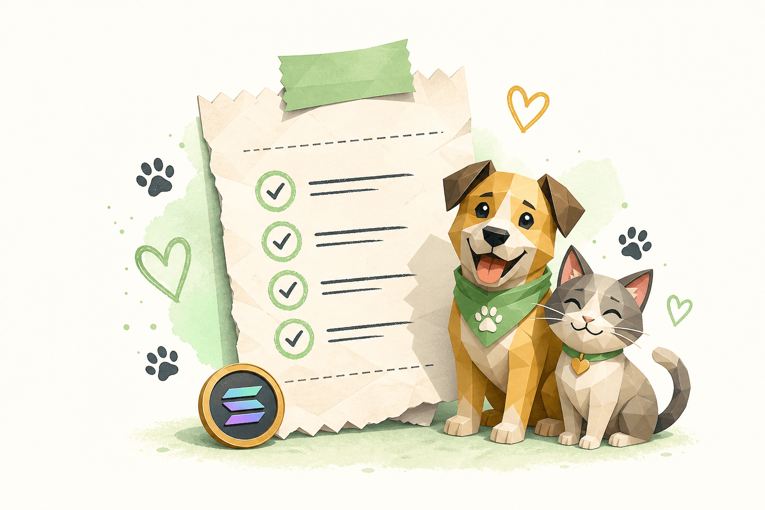 Illustration of an adoption receipt beside a dog, cat, and Solana coin