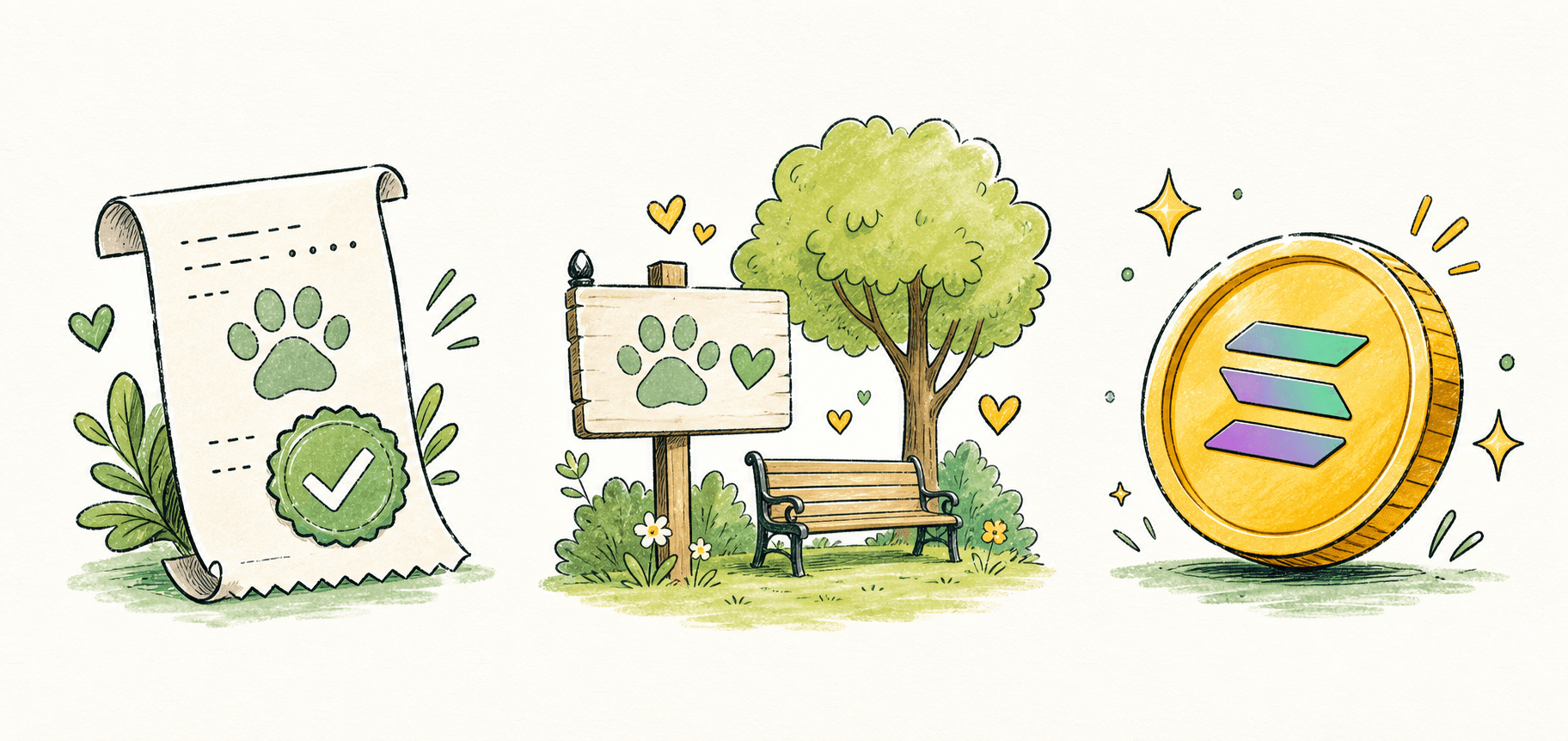 Illustrations of a public receipt, Adoption Park, and Solana bounty coin